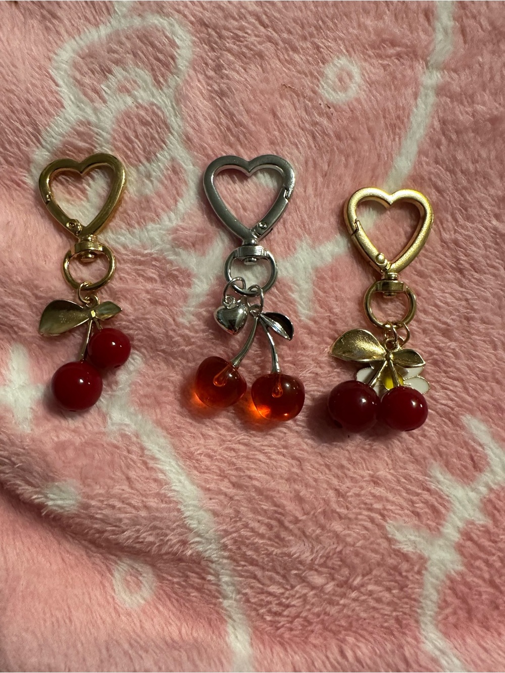 Cherry Keychain Trio — Red & Gold Silver Heart Clips